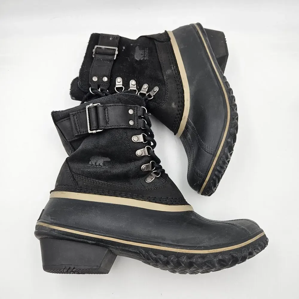 Sorel Winter Fancy Lace II Black Waterproof Ankle Boots Women 8.5 Lace Up Buckle